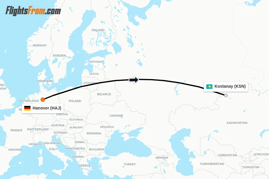 Flights from Hanover to Kostanay route map
