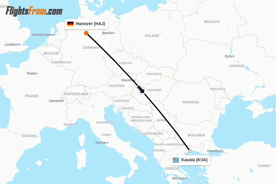 Flights from Hanover to Kavala route map