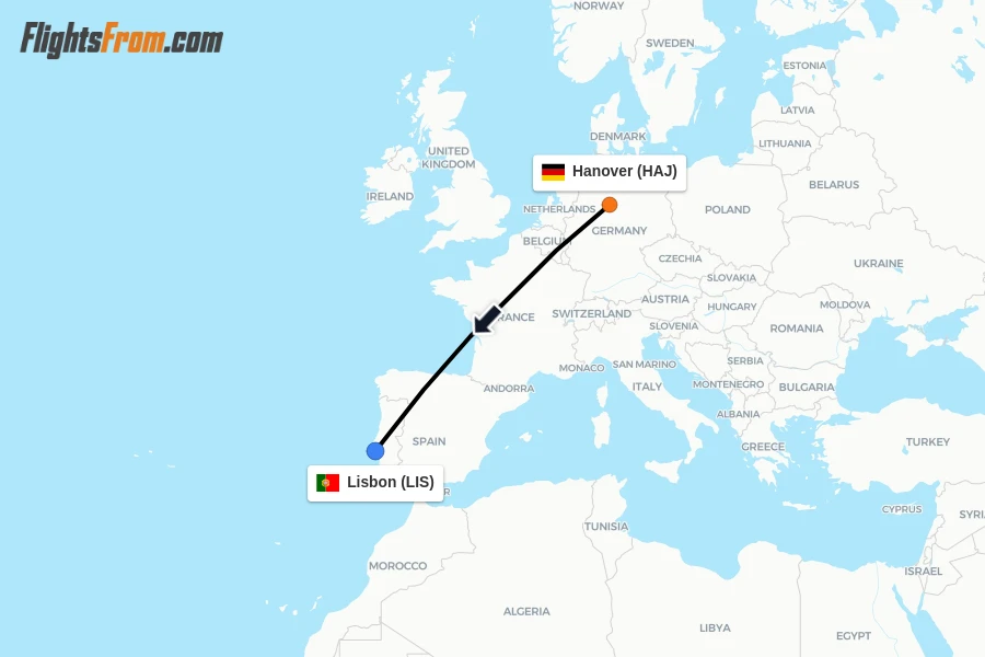 Flights from Hanover to Lisbon route map