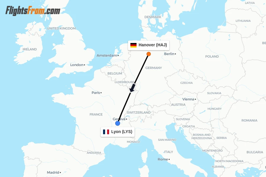 Flights from Hanover to Lyon route map