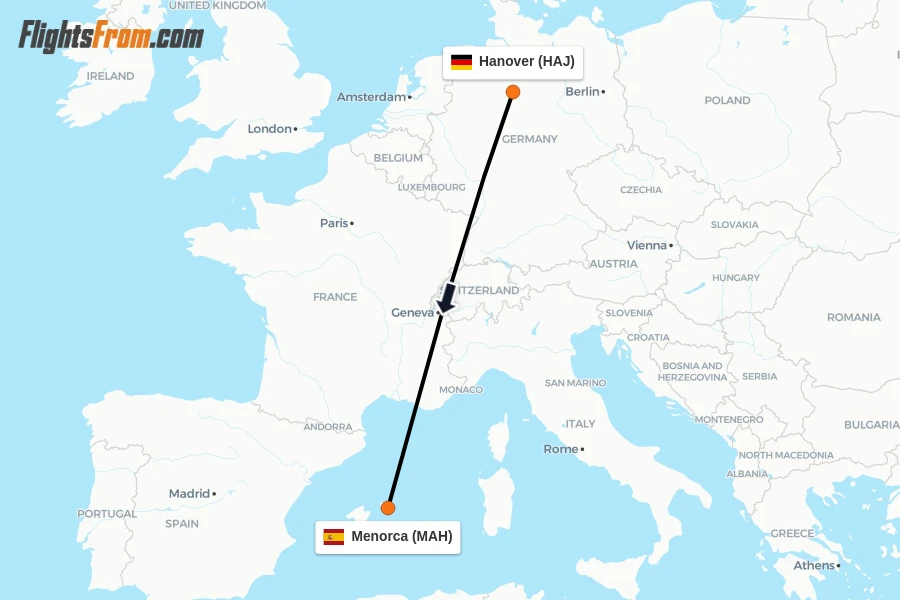 Flights from Hanover to Menorca route map