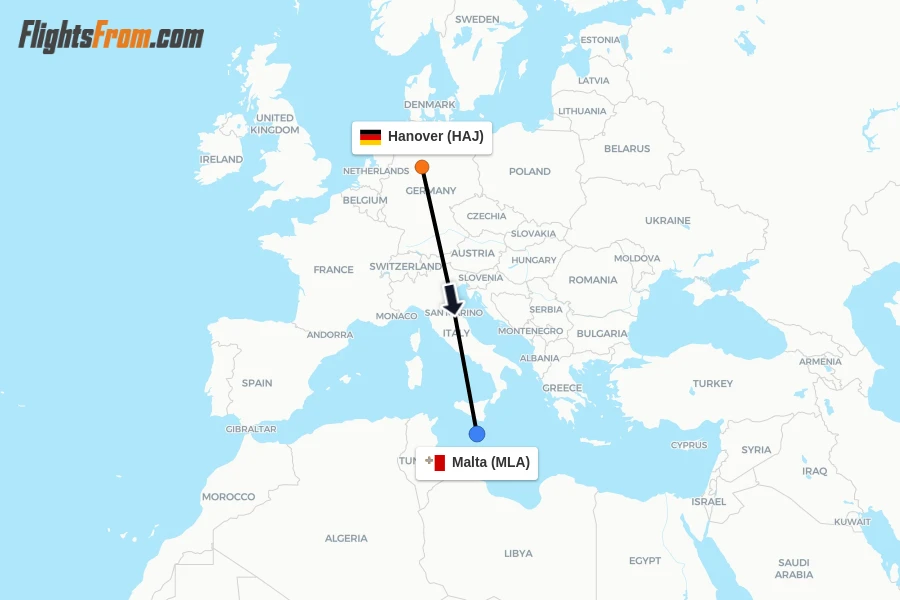 Flights from Hanover to Malta route map