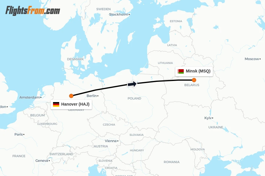 Flights from Hanover to Minsk route map