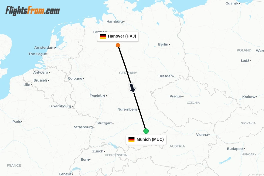 Flights from Hanover to Munich route map