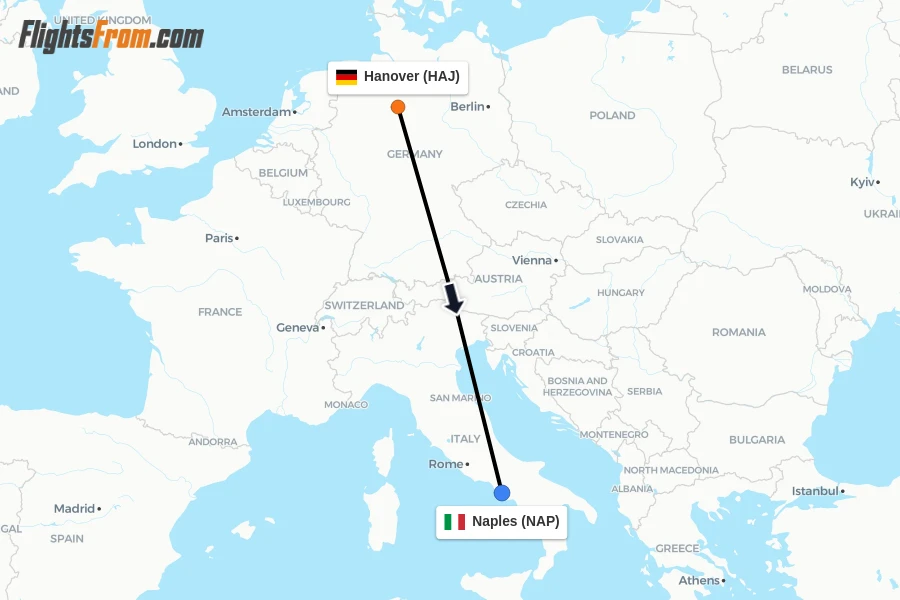 Flights from Hanover to Naples route map