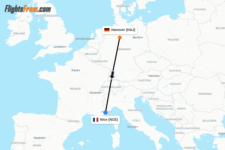 Flights from Hanover to Nice route map