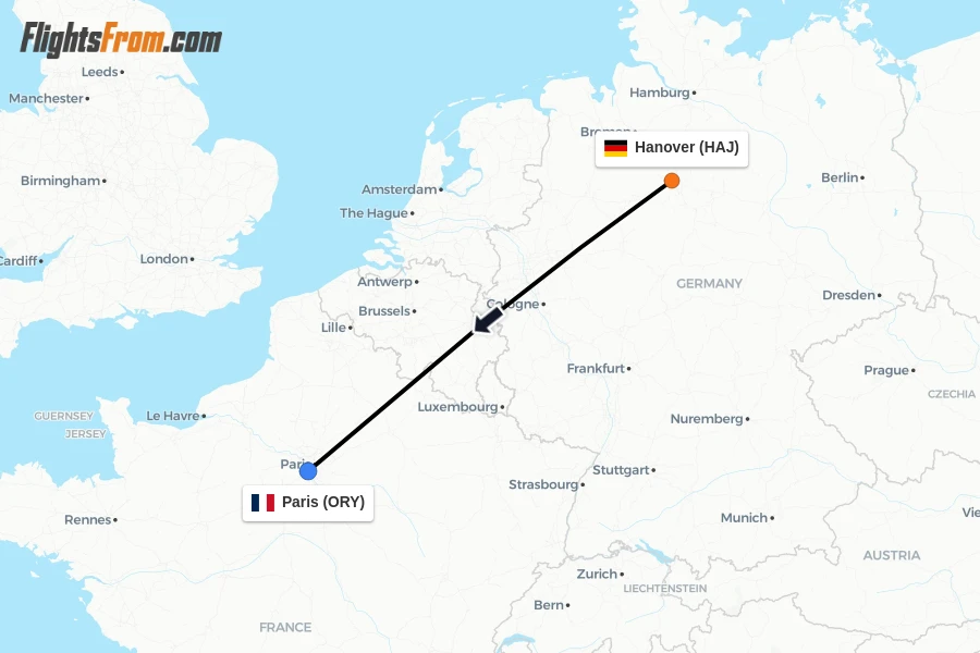 Flights from Hanover to Paris route map