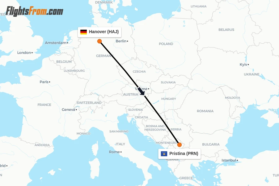 Flights from Hanover to Pristina route map