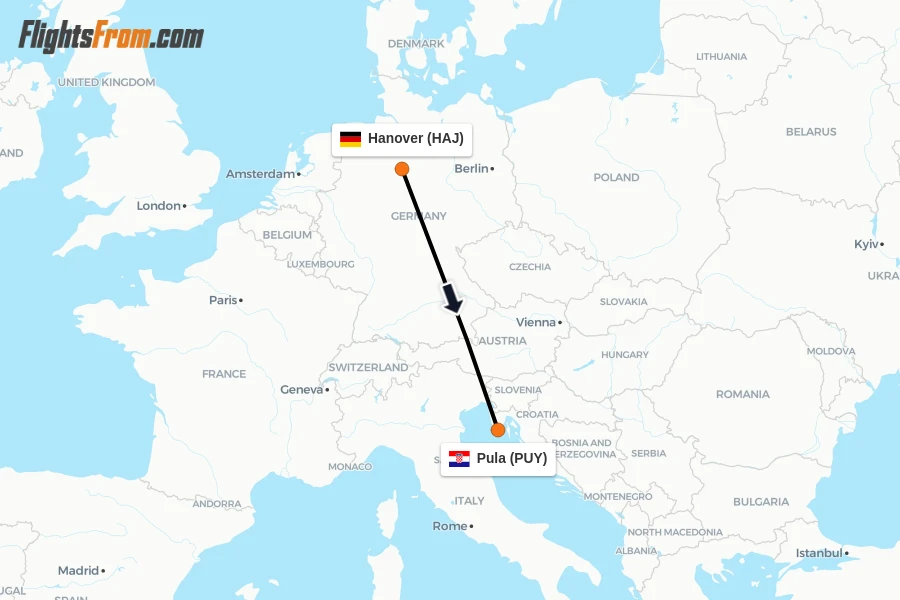 Flights from Hanover to Pula route map