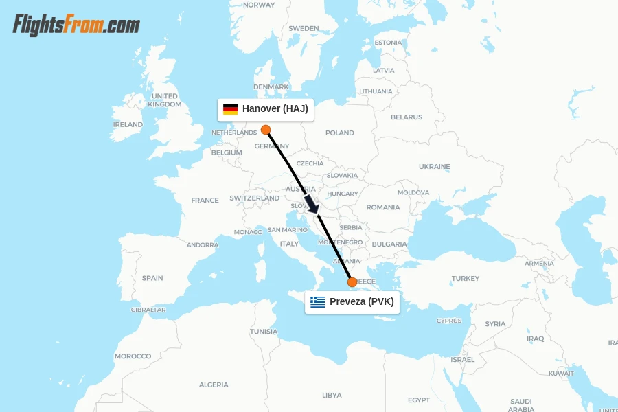 Flights from Hanover to Preveza route map