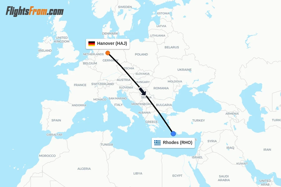 Flights from Hanover to Rhodes route map