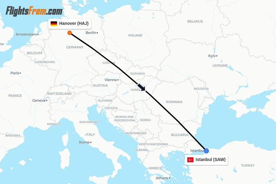 Flights from Hanover to Istanbul route map