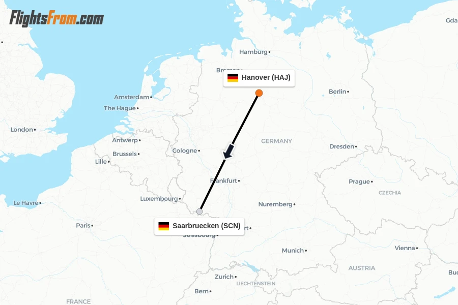 Flights from Hanover to Saarbruecken route map