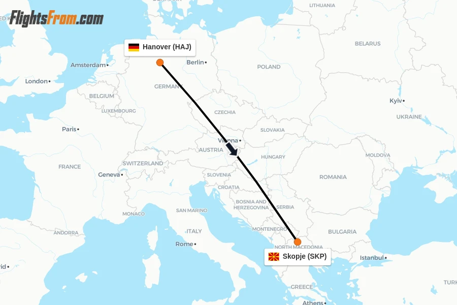 Flights from Hanover to Skopje route map