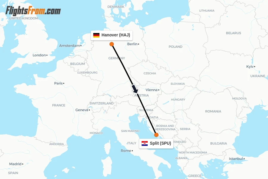 Flights from Hanover to Split route map