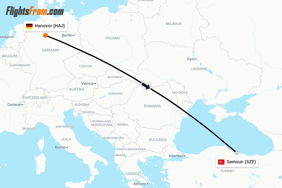 Flights from Hanover to Samsun route map