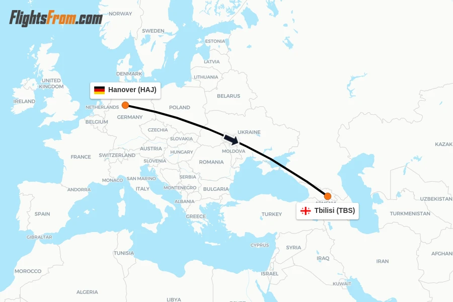 Flights from Hanover to Tbilisi route map