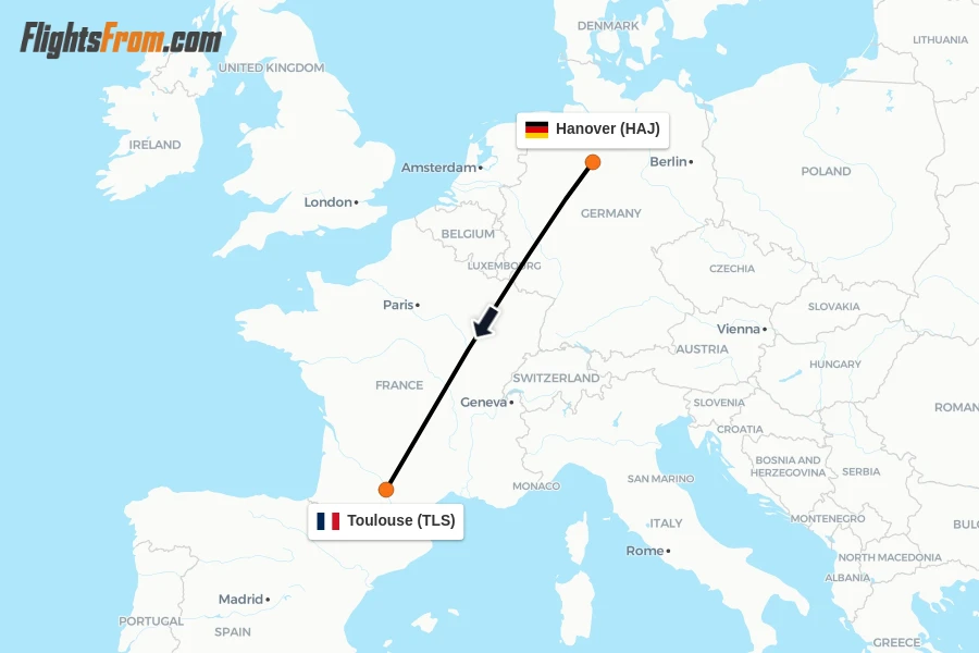 Flights from Hanover to Toulouse route map