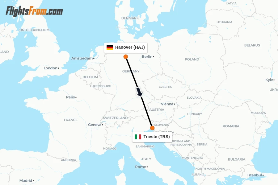 Flights from Hanover to Trieste route map