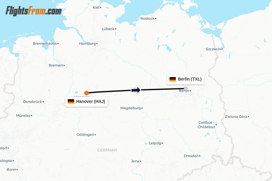 Flights from Hanover to Berlin route map