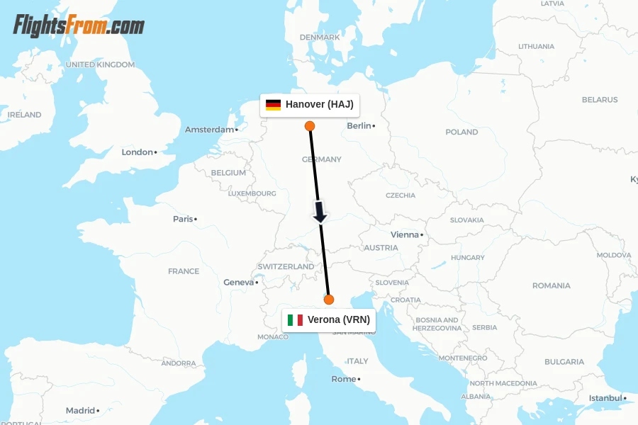Flights from Hanover to Verona route map