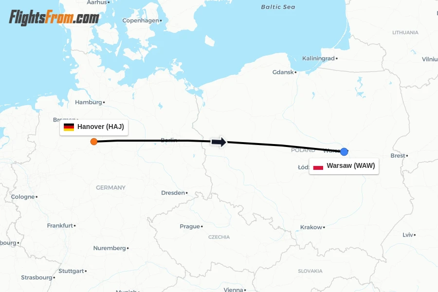 Flights from Hanover to Warsaw route map