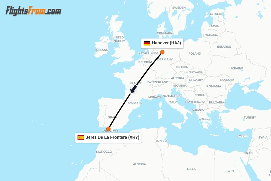 Flights from Hanover to Jerez De La Frontera route map