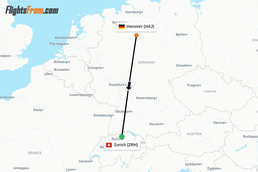 Flights from Hanover to Zurich route map