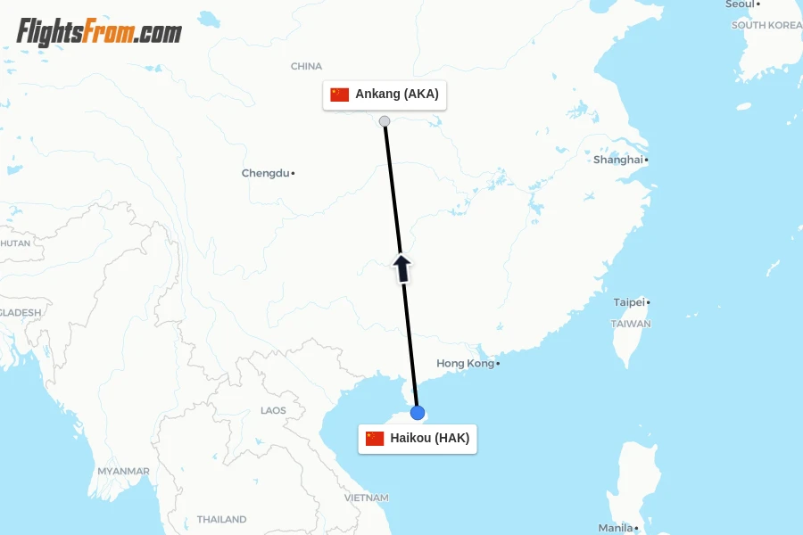 Flights from Haikou to Ankang route map