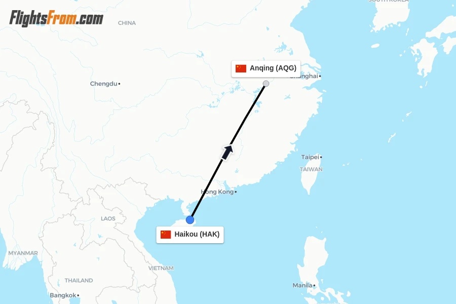 Flights from Haikou to Anqing route map