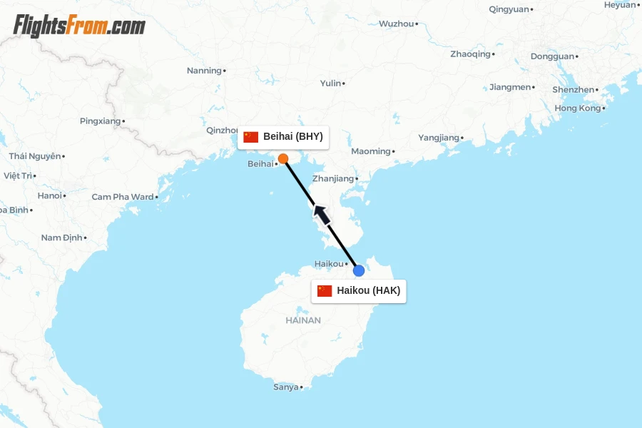 Flights from Haikou to Beihai route map