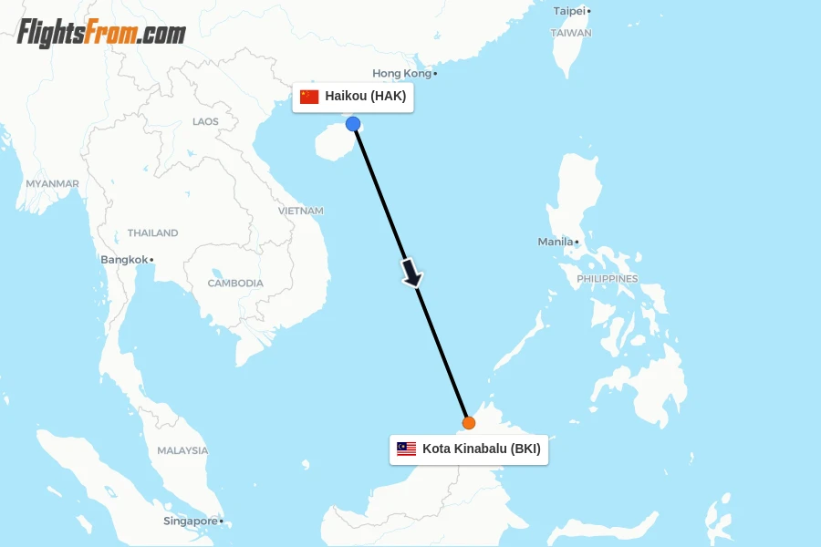 Flights from Haikou to Kota Kinabalu route map