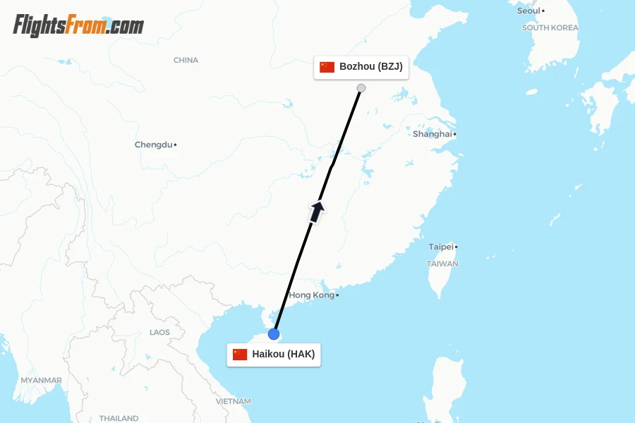 Flights from Haikou to Bozhou route map