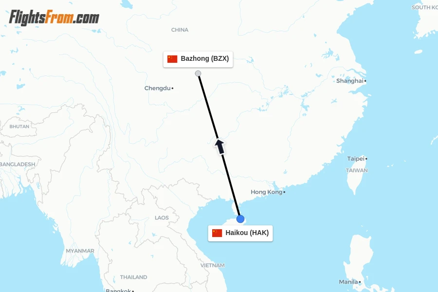 Flights from Haikou to Bazhong route map