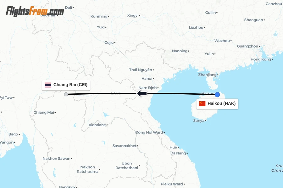 Flights from Haikou to Chiang Rai route map
