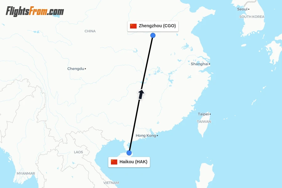 Flights from Haikou to Zhengzhou route map