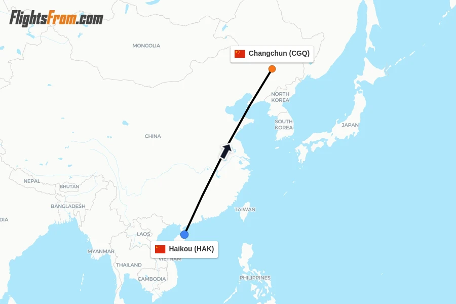 Flights from Haikou to Changchun route map