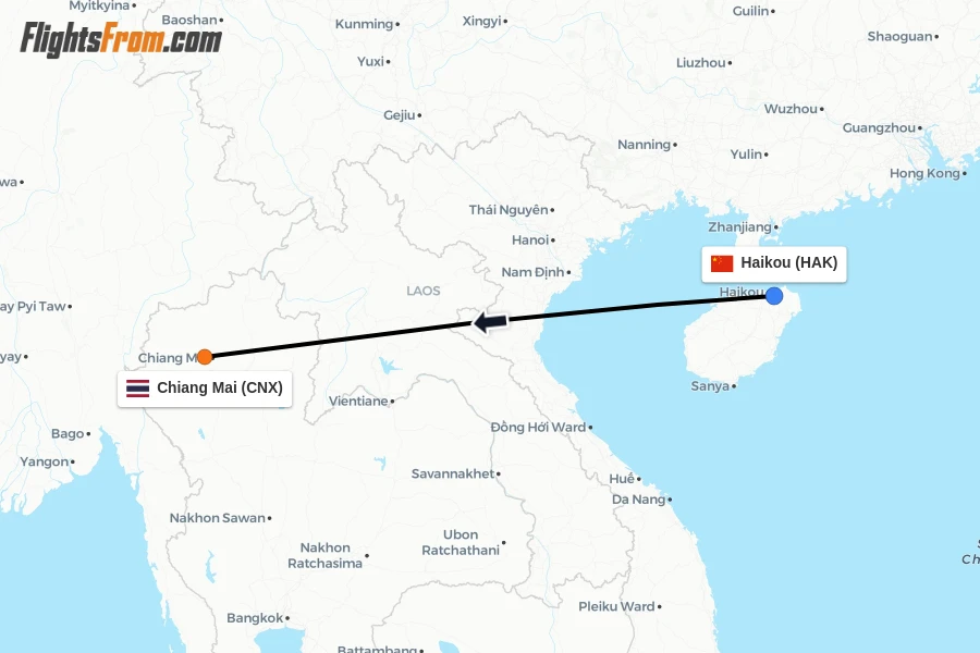 Flights from Haikou to Chiang Mai route map
