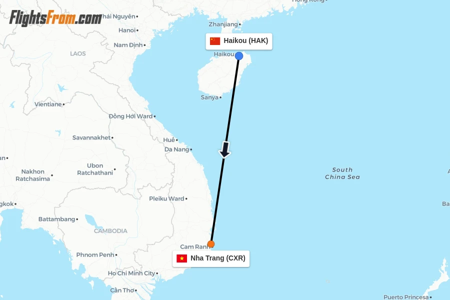 Flights from Haikou to Nha Trang route map