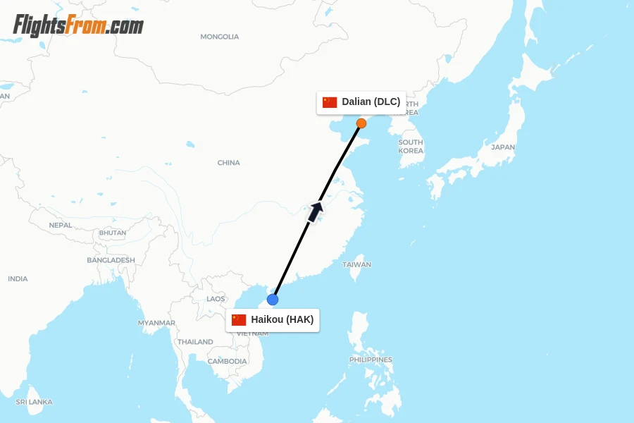 Flights from Haikou to Dalian route map