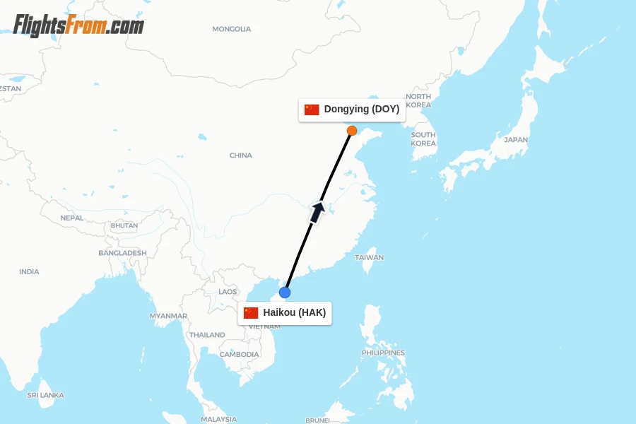 Flights from Haikou to Dongying route map