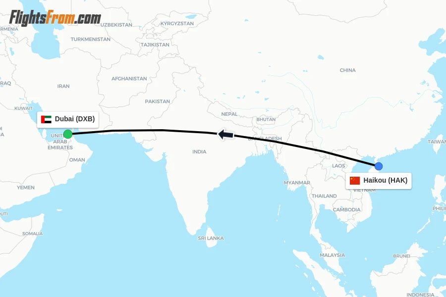 Flights from Haikou to Dubai route map
