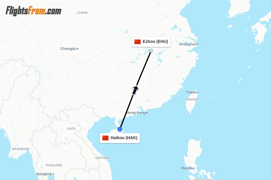 Flights from Haikou to Ezhou route map