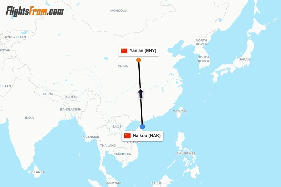 Flights from Haikou to Yan'an route map