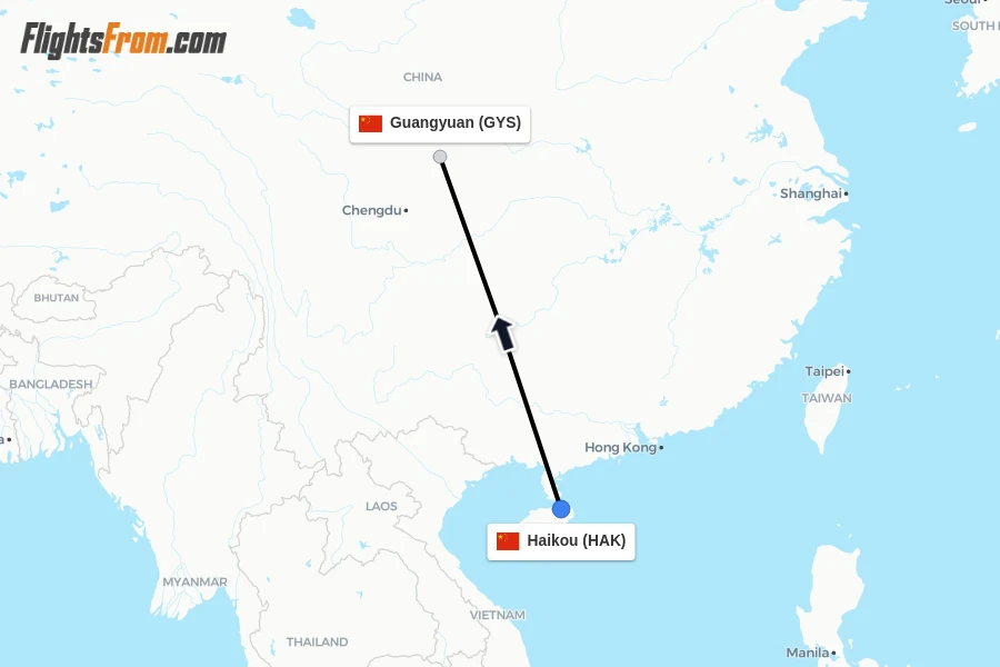 Flights from Haikou to Guangyuan route map
