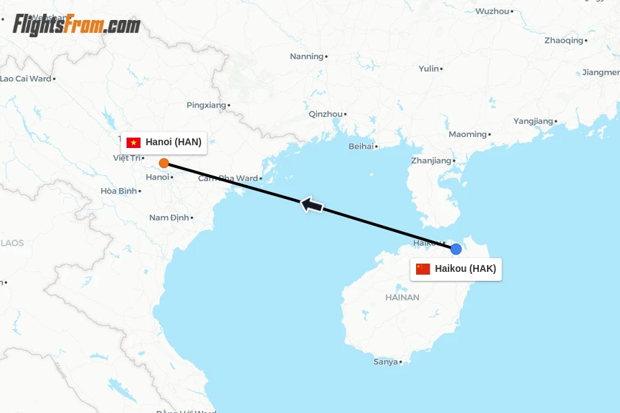 Flights from Haikou to Hanoi route map