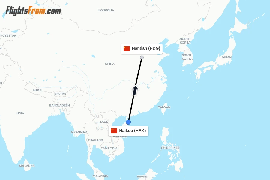 Flights from Haikou to Handan route map