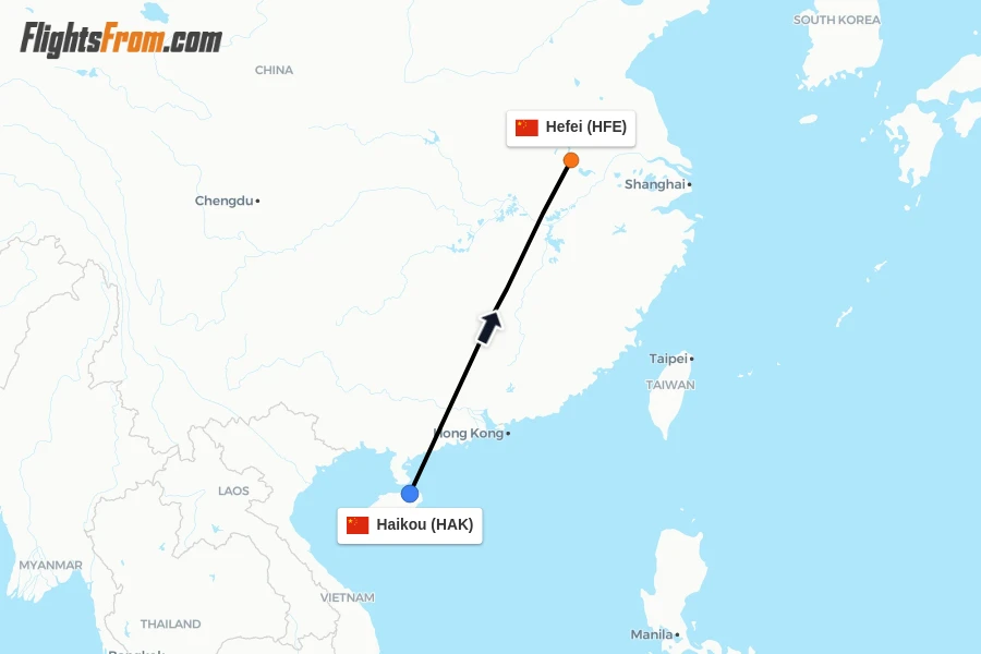 Flights from Haikou to Hefei route map