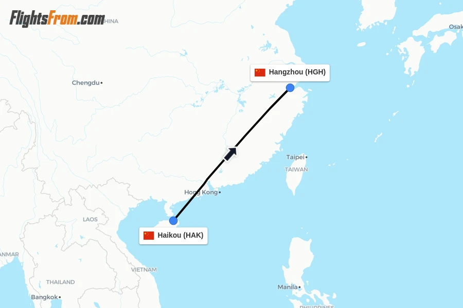 Flights from Haikou to Hangzhou route map