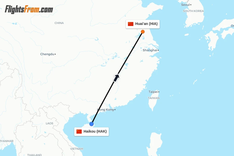 Flights from Haikou to Huai'an route map